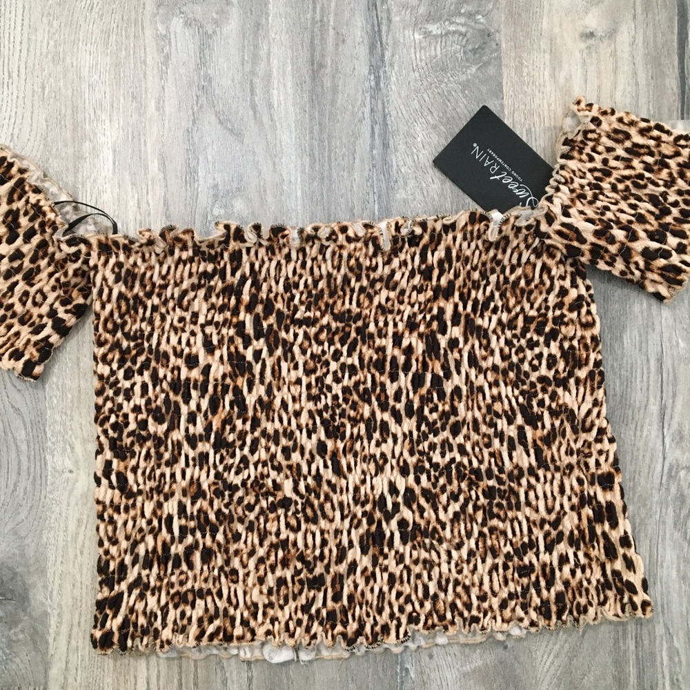 Cheetah print off the should top (smocked)